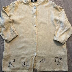 Linen Women’s Plus Size Fenini Button-Front Jacket with Hand-Drawn Embroidery